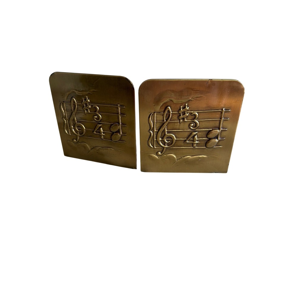 Unbranded Bookends Gold Vintage Brass Music Staff Treble Clef Mid Century Set 2